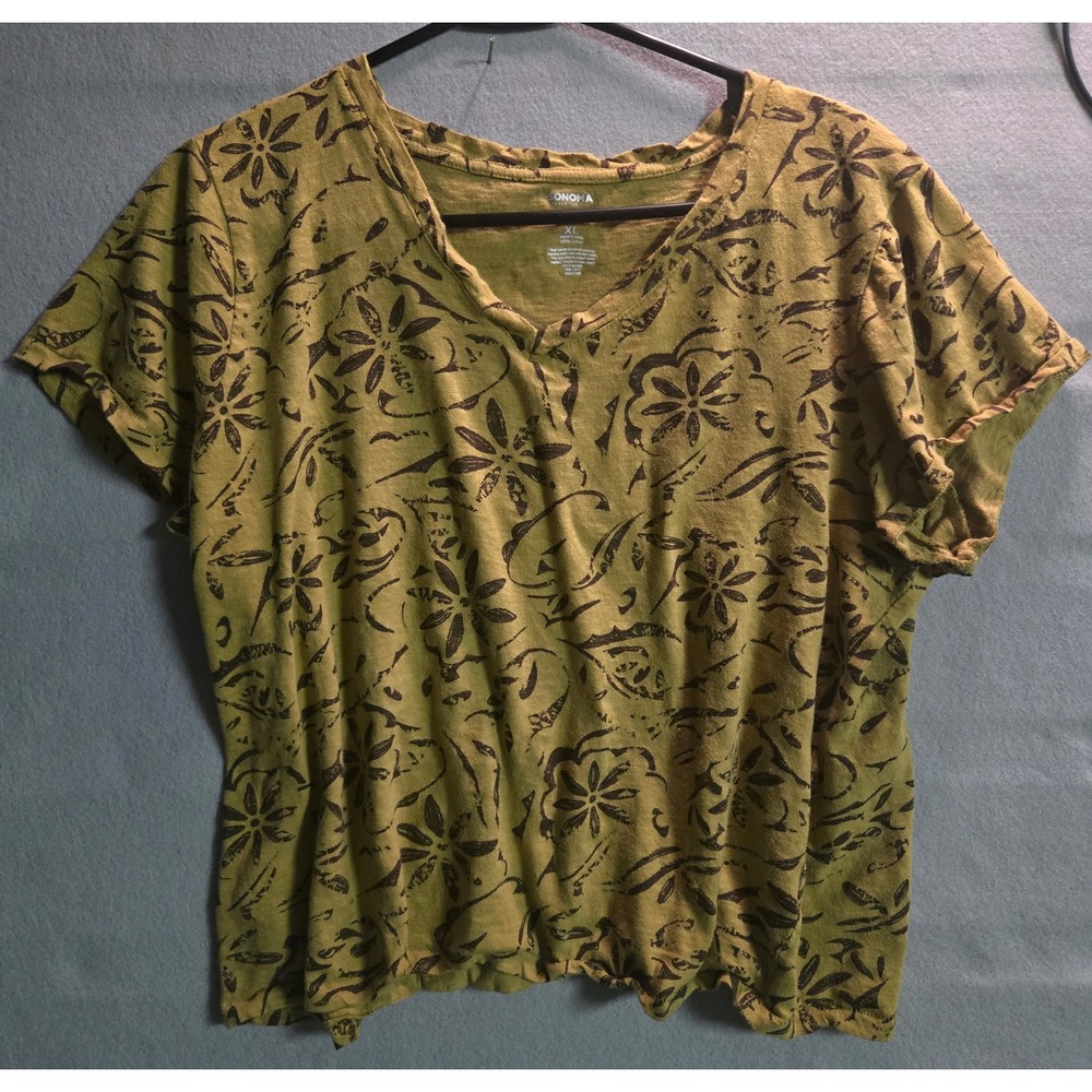 Tee Womens XL Olive Floral Print Short Sleeve Casual Top